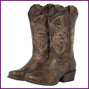 Women's Square Toe Cowboy Boots Mid Wide Calf Distressed Western Boots